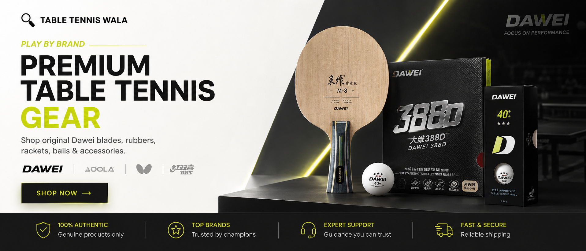 Dawei premium table tennis gear banner